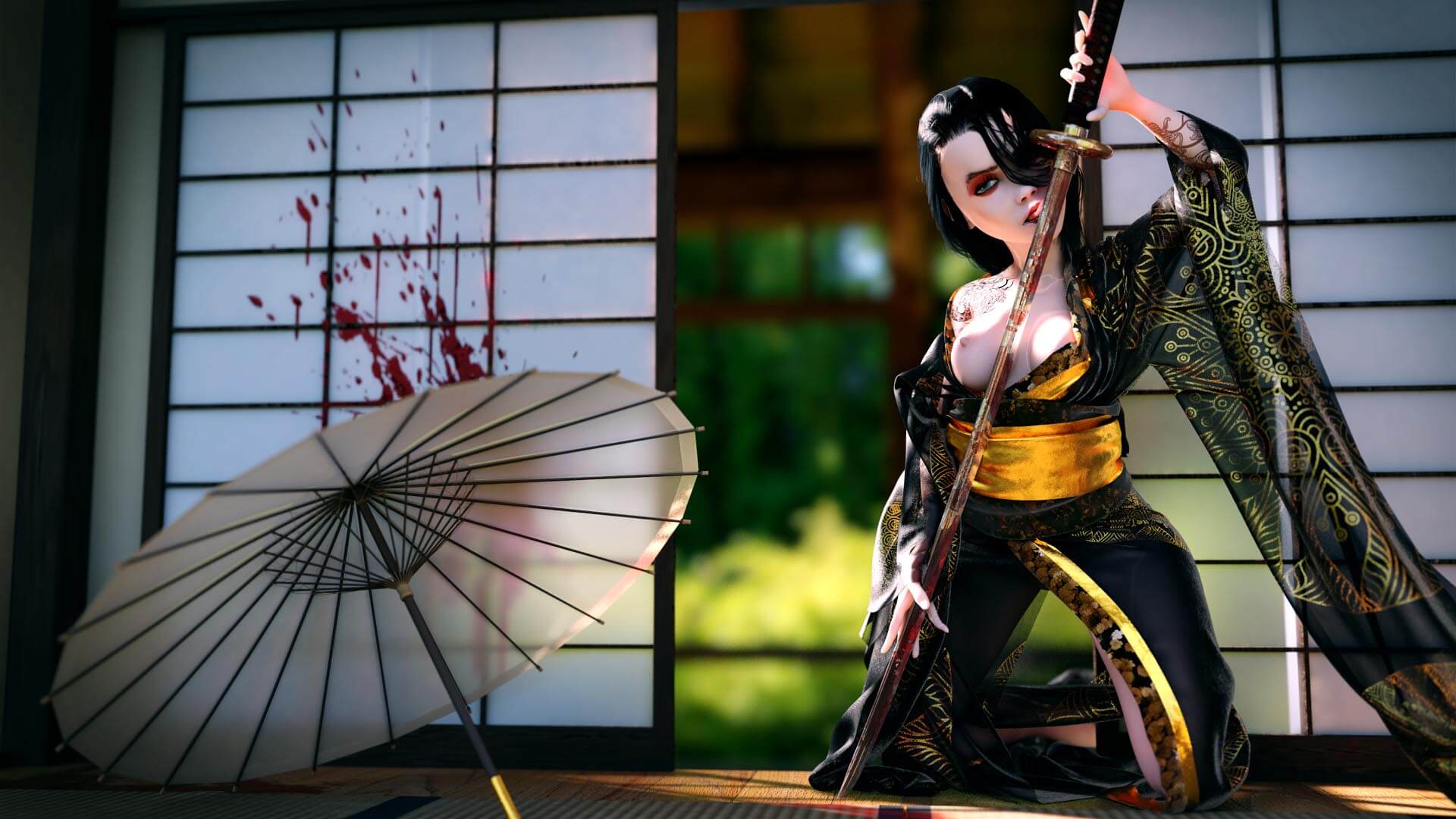 PinUp Geisha, Frau, sexy, Pin-Up, erotisch, Erotik, Samurai, Katana, Japan