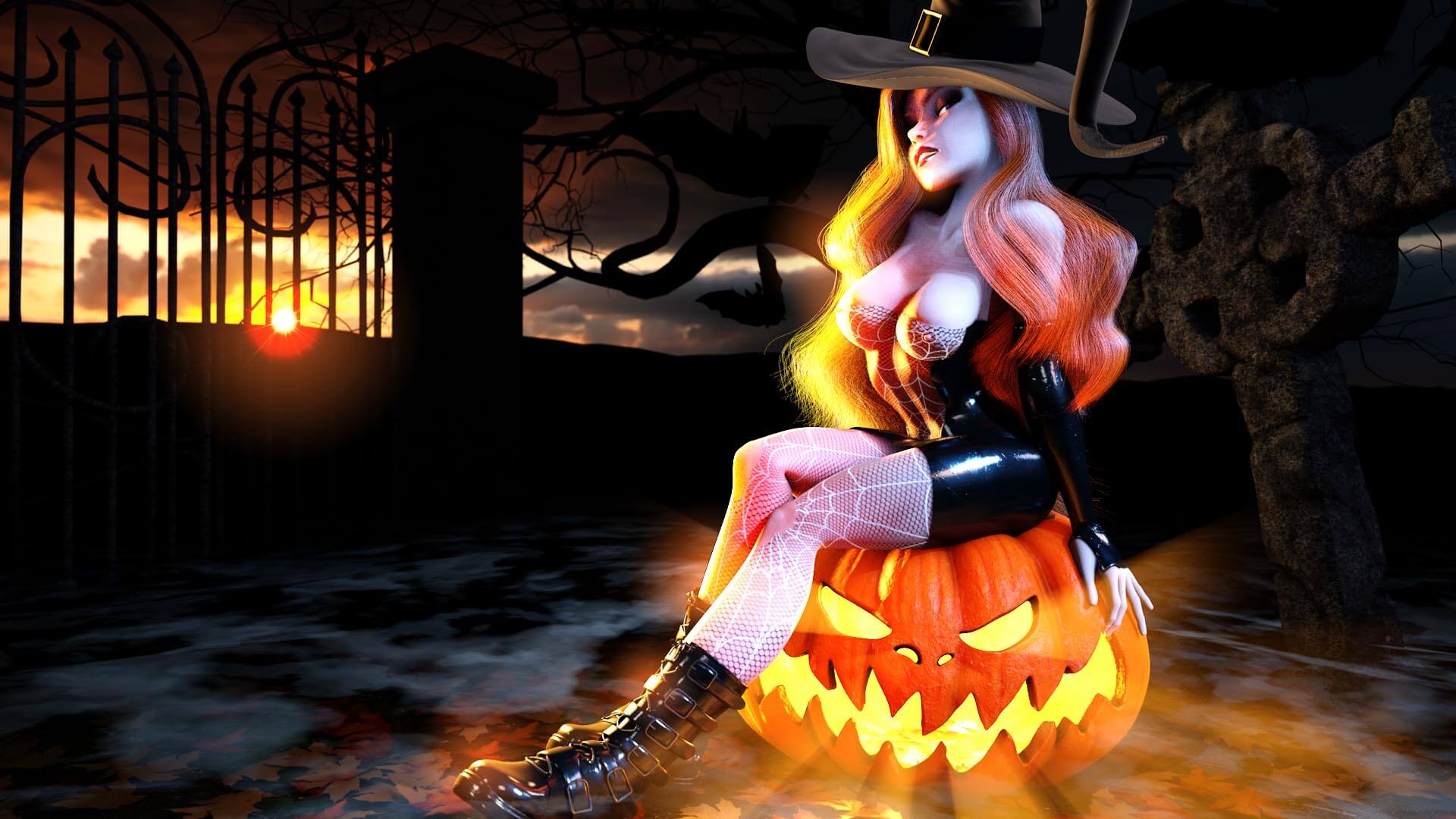 PinUp Halloween, Frau, sexy, Pin-Up, erotisch, Erotik, Kürbis, Hexe, Herbst