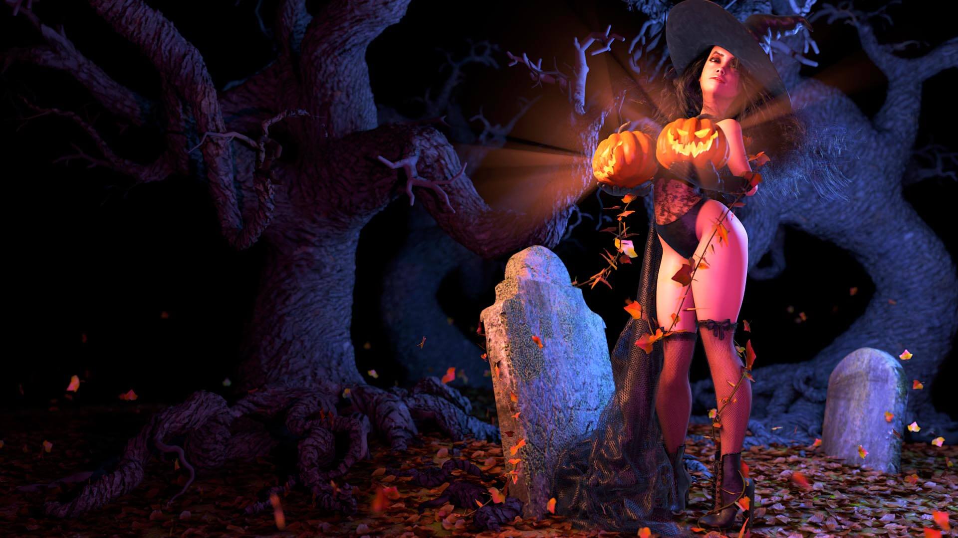 PinUp Halloween Hexe, Frau, sexy, Pin-Up, erotisch, Erotik, Wald, Hexe, Grab