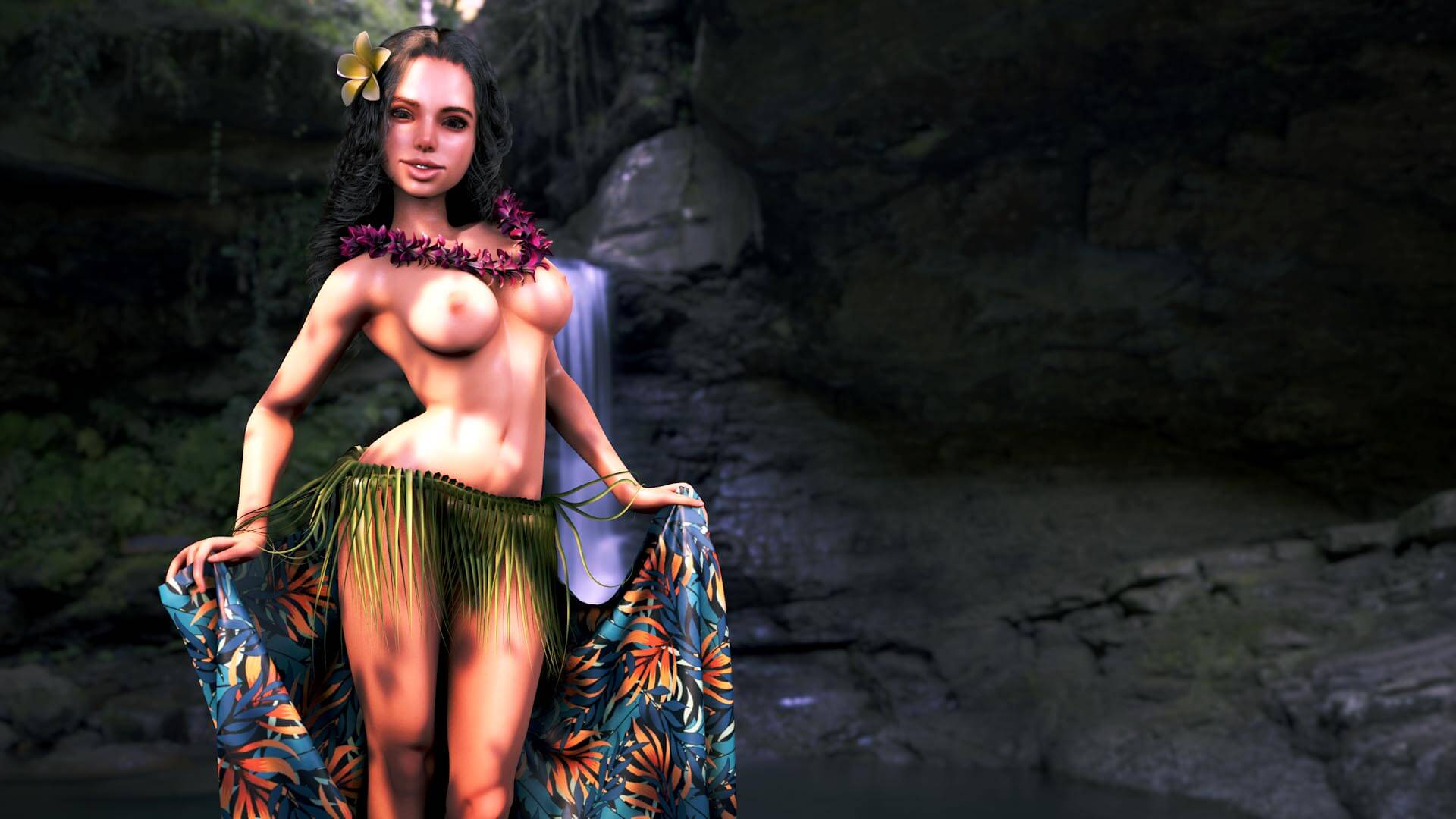 PinUp, Hawaii, Frau, sexy, Pin-Up, erotisch, Erotik, Tänzerin, Dschungel, Wasserfall