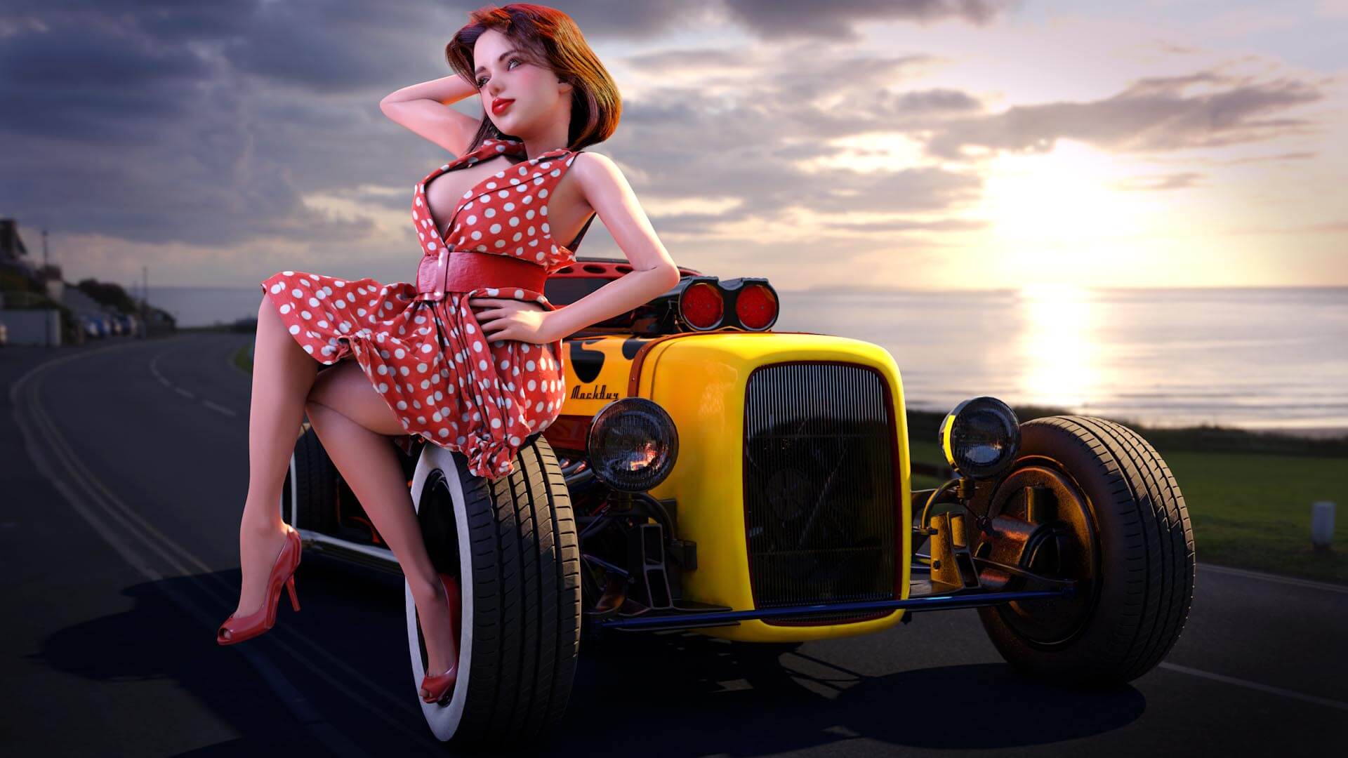 PinUp, Hot Rod, Frau, sexy, Pin-Up, erotisch, Erotik, Auto, Sonnenuntergang, Fifties
