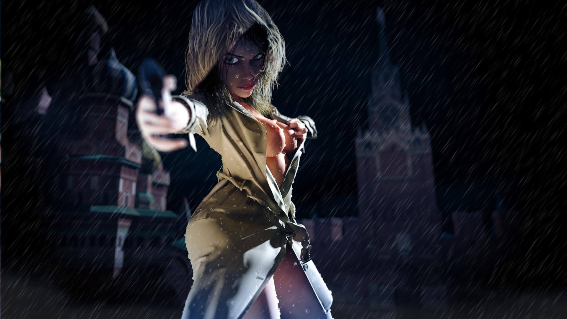 PinUp Moskau, Frau, sexy, Pin-Up, erotisch, Erotik, Agentin, Trenchcoat, Regen