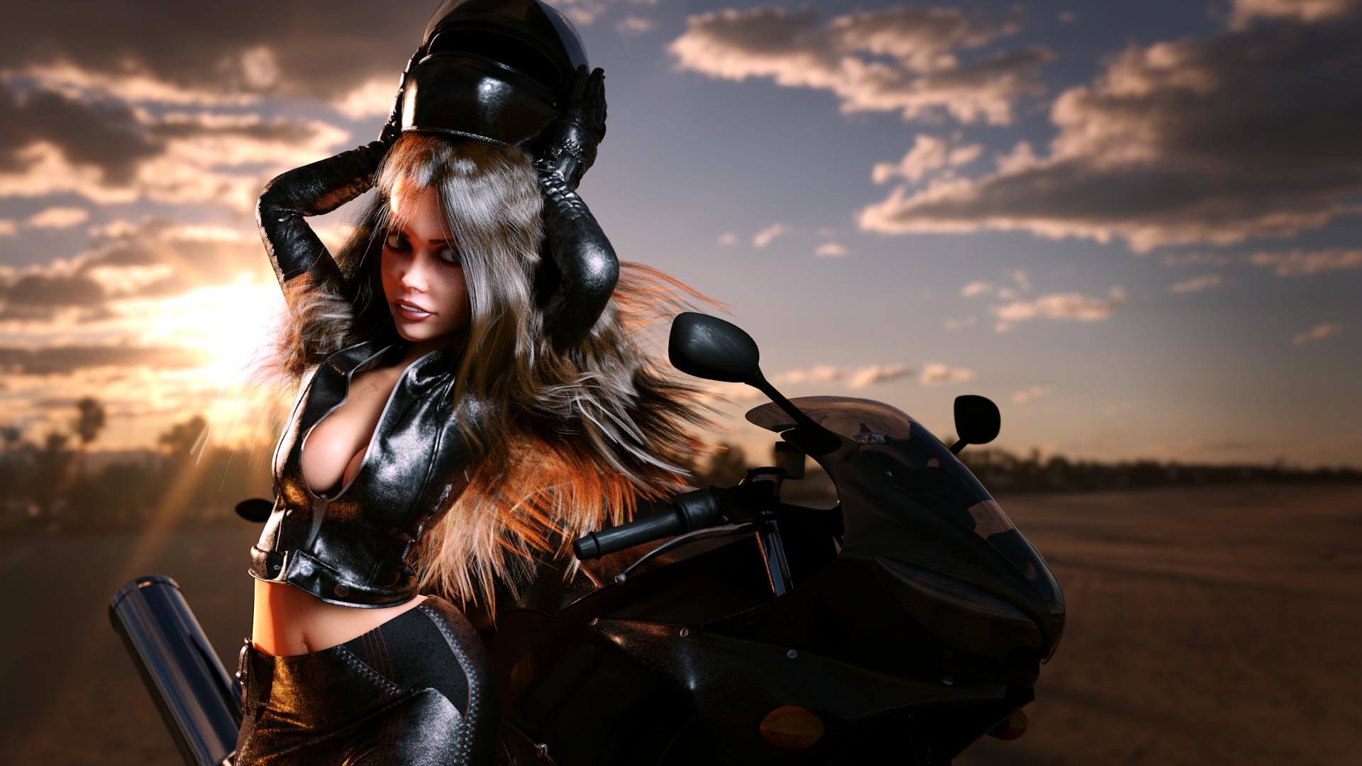 PinUp Motorrad, Frau, sexy, Pin-Up, erotisch, Erotik, Motorradhelm, Haare, Sonnenuntergang