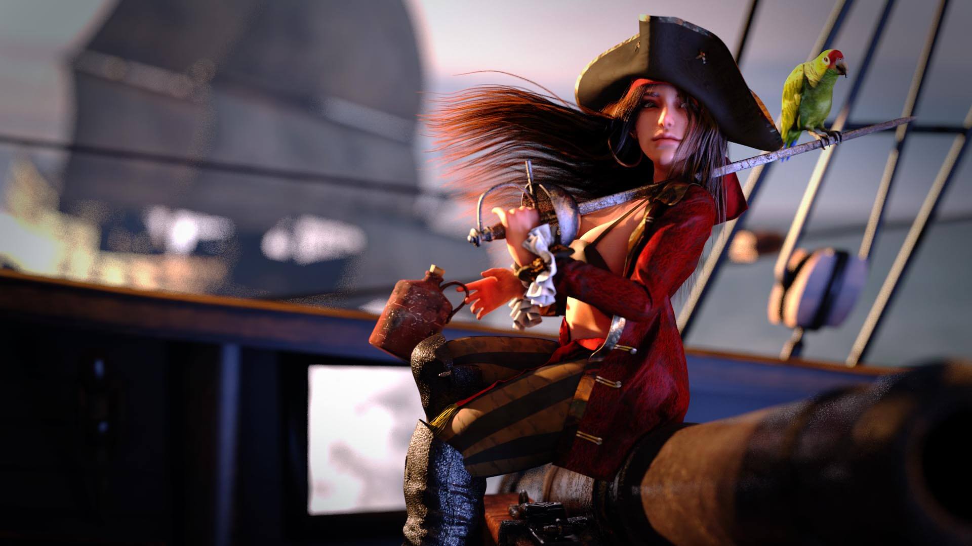 PinUp Piratin, Frau, sexy, Pin-Up, erotisch, Erotik, Schiff, Kanone, Papagei