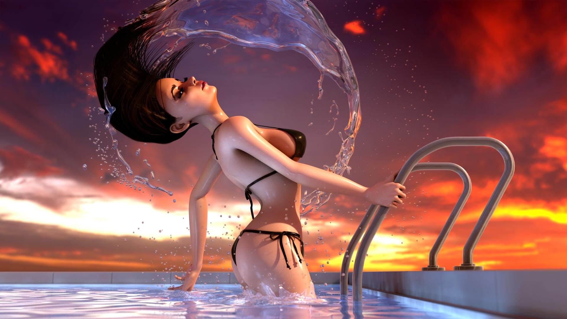 PinUp Pool, Frau, sexy, Pin-Up, erotisch, Erotik, Swimming-Pool, Bikini, Sonnenuntergang